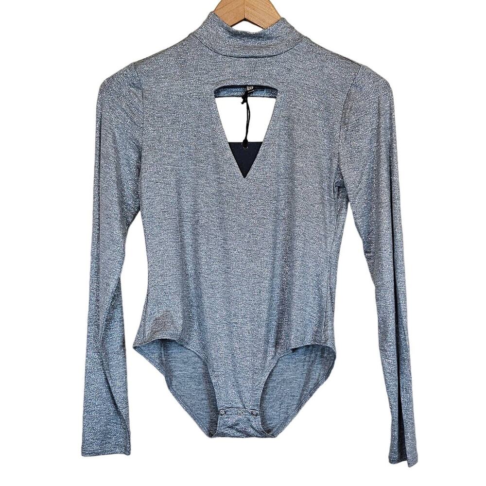 Chaser Glitter Jersey Mock Turtleneck Long Sleeve Cutout Bodysuit Womens Medium